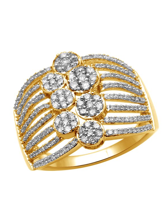 White Natural Diamond Cluster Linear Orbit Ring in 10k Yellow Gold (1 cttw)