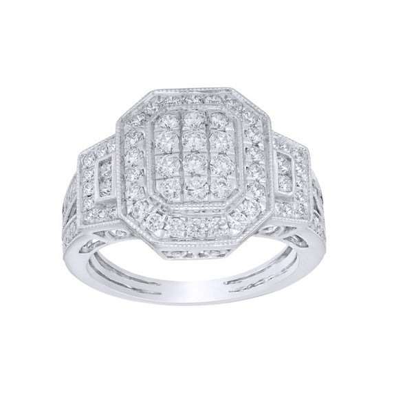 AFFY White Natural Diamond Cluster Octagonal Frame Vintage Style Ring in 10K White Gold (1 cttw)