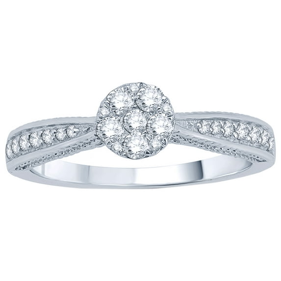 AFFY White Natural Diamond Cluster Vintage Style Engagement Ring in 10k White Gold