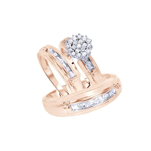 AFFY White Natural Diamond Cluster Wedding Trio Bridal Ring Set In 10k Rose Gold (0.5 Cttw)