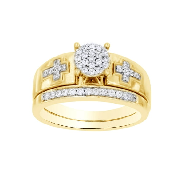 AFFY White Natural Diamond Cross Bridal Ring Set In Solid Gold (0.25 Cttw)