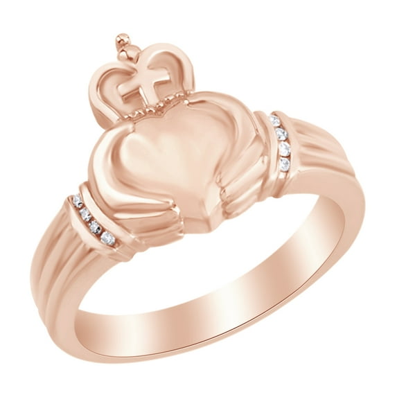 AFFY White Natural Diamond Cross Claddagh Men's Ring in 14k Rose Gold Ring Size : 6