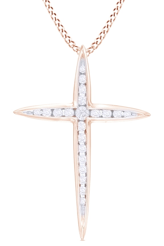 White Natural Diamond Cross Pendant Necklace in 14K Solid Rose Gold (0.33 Ct)