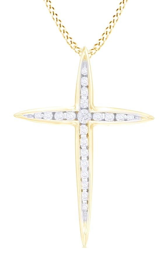 White Natural Diamond Cross Pendant Necklace in 14K Solid Yellow Gold (0.33 Ct)