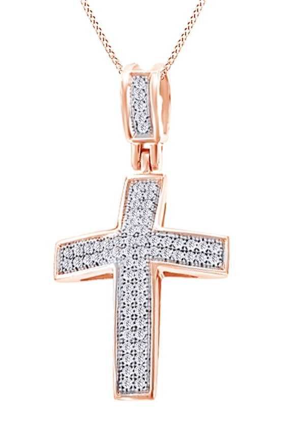 White Natural Diamond Cross Pendant in 14k Rose Gold By Jewel Zone US (0.30 Cttw)