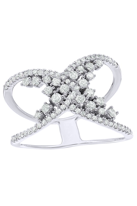 White Natural Diamond Crossover Open Ring in 10k White Gold