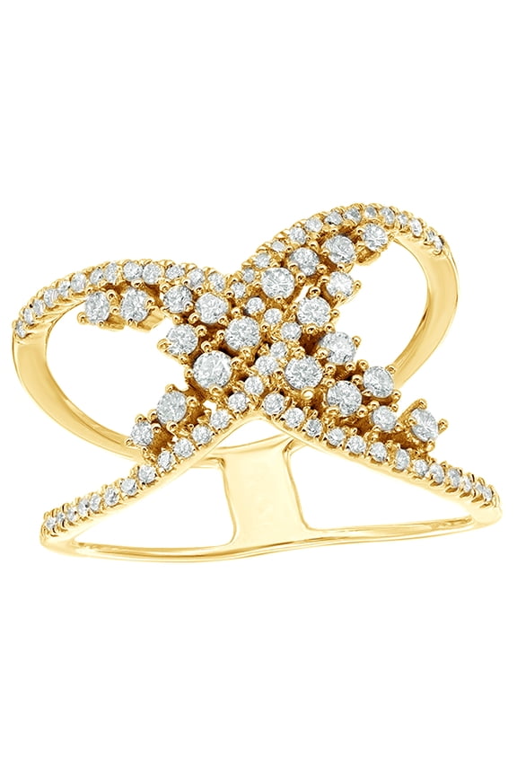 White Natural Diamond Crossover Open Ring in 10k Yellow Gold