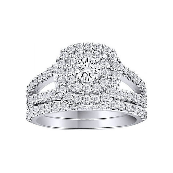 White Natural Diamond Cushion Halo Ring Set In 10k White Gold (1.1 Cttw)
