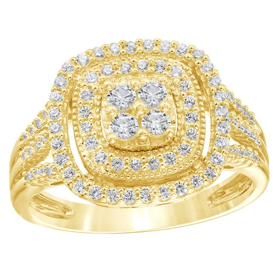 AFFY White Natural Diamond Double Cushion Frame Split Shank Vintage-Style Ring in 10k Yellow Gold (0.62 Cttw)