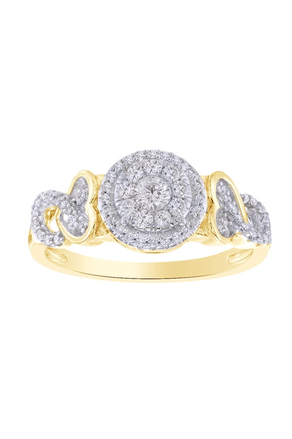 White Natural Diamond Double Frame Celtic Heart Knot Ring in 10k Yellow Gold