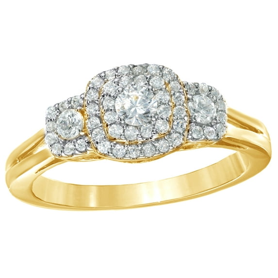 AFFY White Natural Diamond Double Frame Three Stone Ring in 10k Yellow Gold