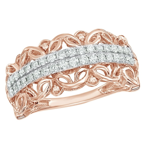 White Natural Diamond Double Row Vintage Style Scroll Band Ring in 10k Rose Gold