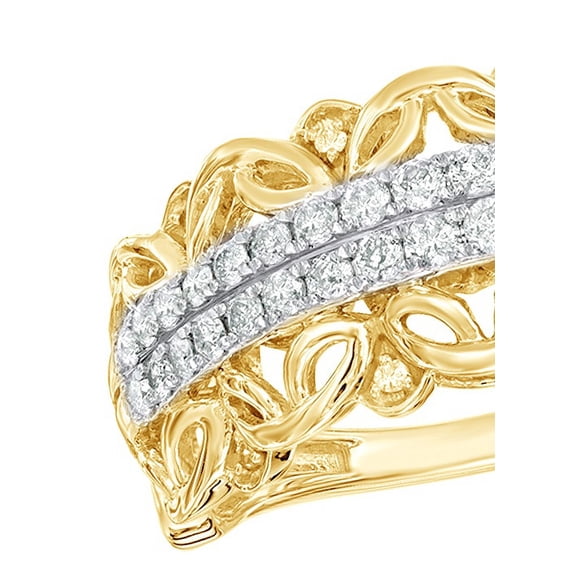 White Natural Diamond Double Row Vintage Style Scroll Band Ring in 10k Yellow Gold