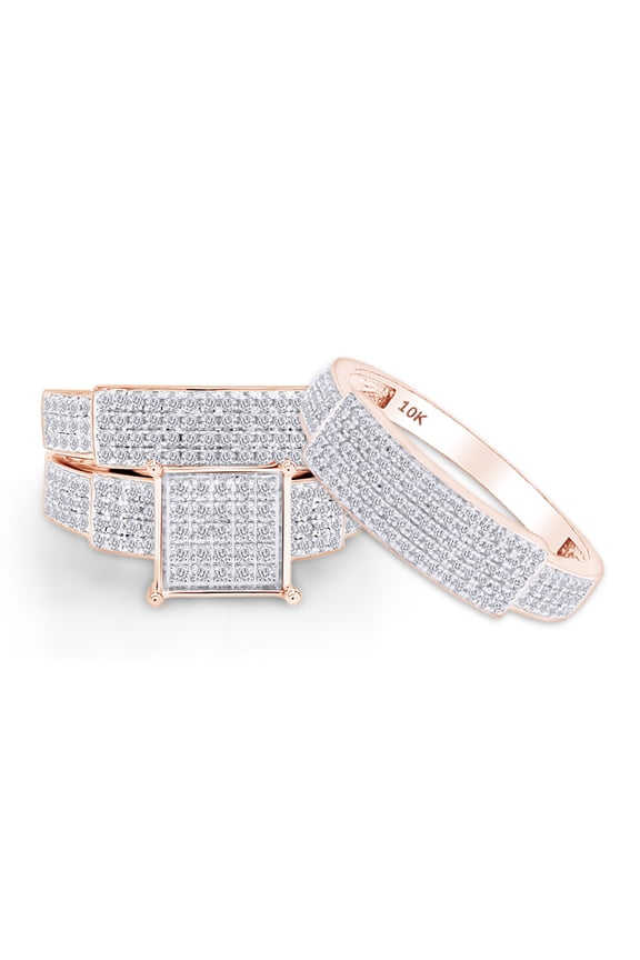 White Natural Diamond Engagement & Wedding Trio Band Ring Set In 10k Rose Gold (0.96 Cttw)