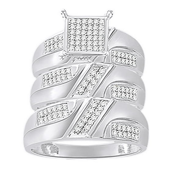 AFFY White Natural Diamond Engagement & Wedding Trio Band Ring Set In 14K White Gold Over Sterling Silver(I2-I3 Clarity,I-J Color,0.25 Cttw)-9