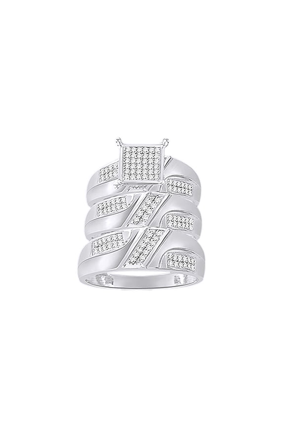 White Natural Diamond Engagement & Wedding Trio Band Ring Set In 14K White Gold Plated Sterling Silver 925 (0.5 Cttw)