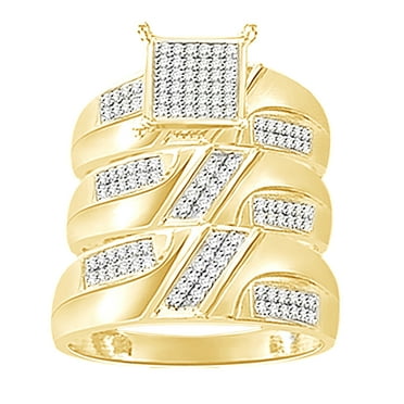 White Natural Diamond Engagement & Wedding Trio Band Ring Set In 14K Yellow Gold Over Sterling Silver(I2-I3 Clarity,I-J Color,0.25 Cttw)-8.5