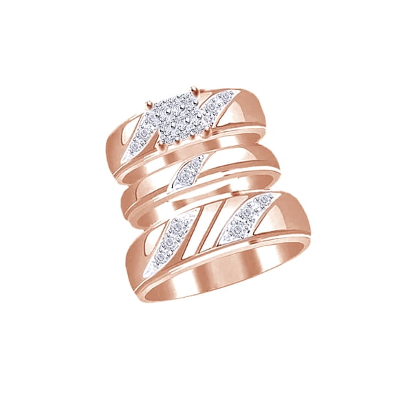 AFFY White Natural Diamond Engagement & Wedding Trio Band Ring Set In 14k Rose Gold Over 925 Sterling Silver (0.16 Cttw), Ring Size 11.5