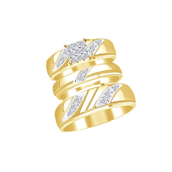 AFFY White Natural Diamond Engagement & Wedding Trio Band Ring Set In 14k Yellow Gold Over 925 Sterling Silver (0.16 Cttw), Ring Size 13.5