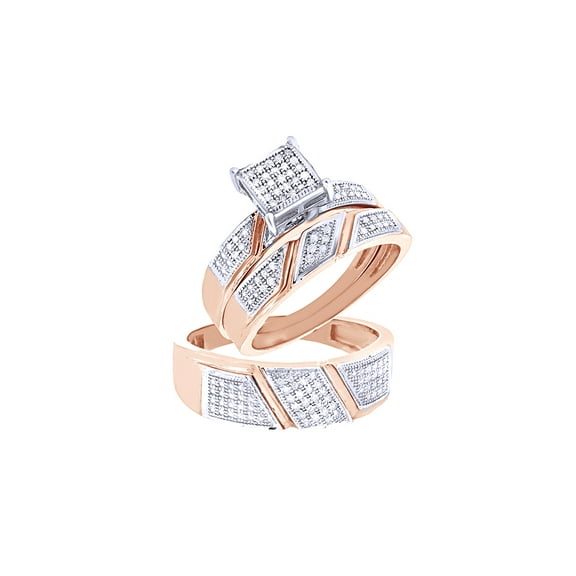 AFFY White Natural Diamond Engagement & Wedding Trio Band Ring Set In 10k Rose Gold (0.25 Cttw)