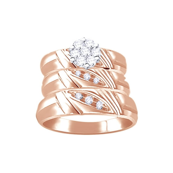 AFFY White Natural Diamond Engagement & Wedding Trio Band Ring Set In 10k Rose Gold (0.25 Cttw)