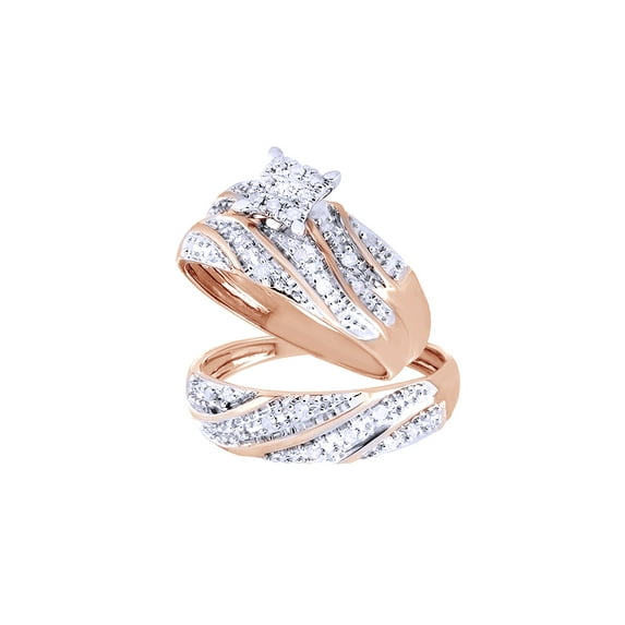 AFFY White Natural Diamond Engagement & Wedding Trio Band Ring Set In 10k Rose Gold (0.27 Cttw)