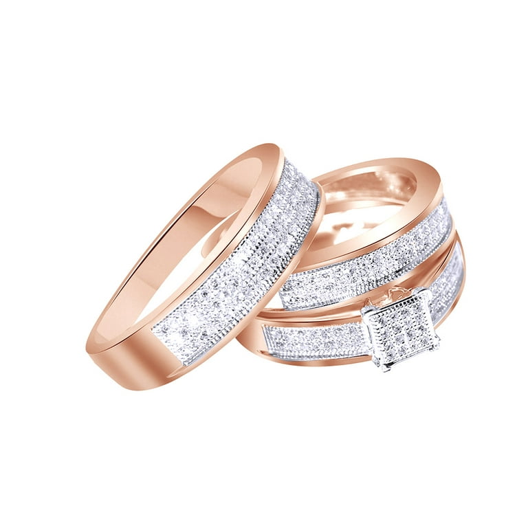 AFFY White Natural Diamond Engagement Wedding Trio Band Ring Set
