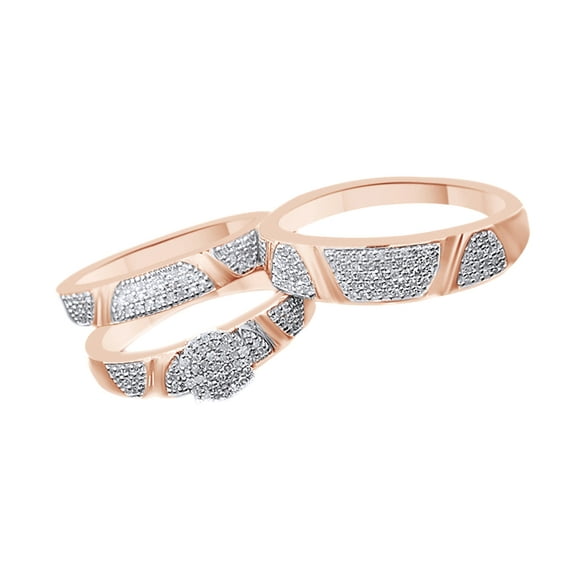 AFFY White Natural Diamond Engagement & Wedding Trio Band Ring Set In 10k Rose Gold (0.5 Cttw)