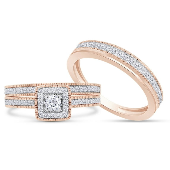 AFFY White Natural Diamond Engagement & Wedding Trio Band Ring Set In 10k Rose Gold (0.5 Cttw)