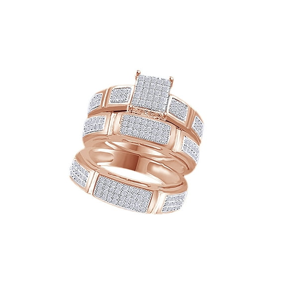 AFFY White Natural Diamond Engagement & Wedding Trio Band Ring Set In 10k Rose Gold (0.5 Cttw)