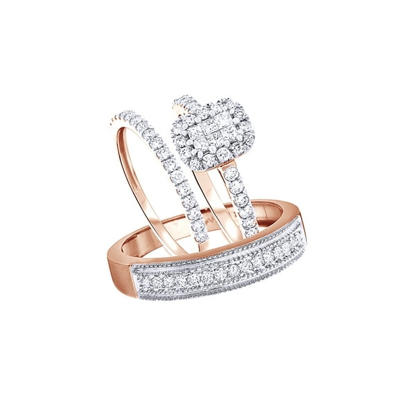 AFFY White Natural Diamond Engagement & Wedding Trio Band Ring Set In 10k Rose Gold (1.2 Cttw)