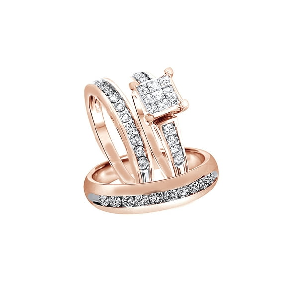 AFFY White Natural Diamond Engagement & Wedding Trio Band Ring Set In 10k Rose Gold (1.5 Cttw)