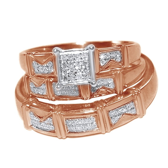AFFY White Natural Diamond Engagement & Wedding Trio Band Ring Set In 10k Rose Gold