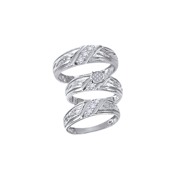 AFFY White Natural Diamond Engagement & Wedding Trio Band Ring Set In 10k White Gold (0.15 Cttw)