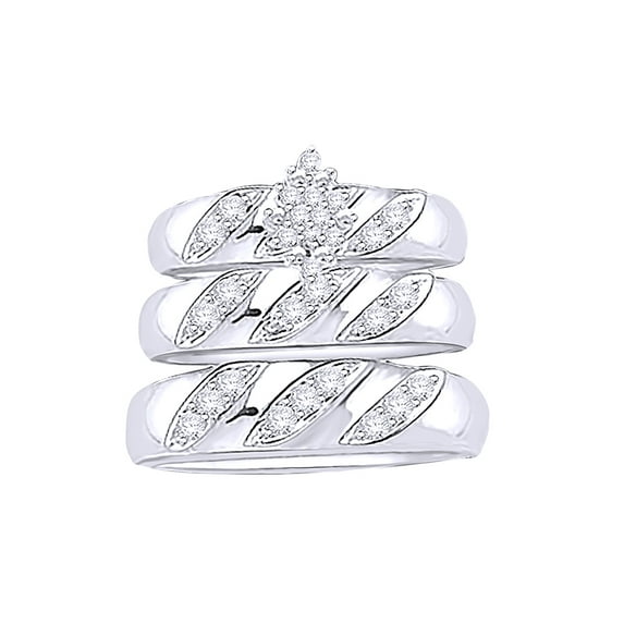 AFFY White Natural Diamond Engagement & Wedding Trio Band Ring Set In 10k White Gold (0.16 Cttw)
