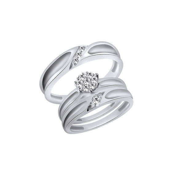 AFFY White Natural Diamond Engagement & Wedding Trio Band Ring Set In 10k White Gold (0.22 Cttw)