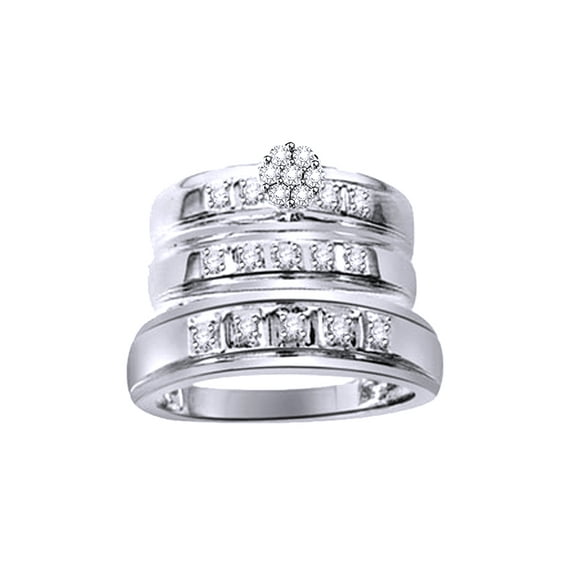 AFFY White Natural Diamond Engagement & Wedding Trio Band Ring Set In 10k White Gold (0.25 Cttw)