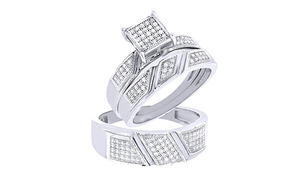 AFFY White Natural Diamond Engagement Wedding Trio Band Ring Set
