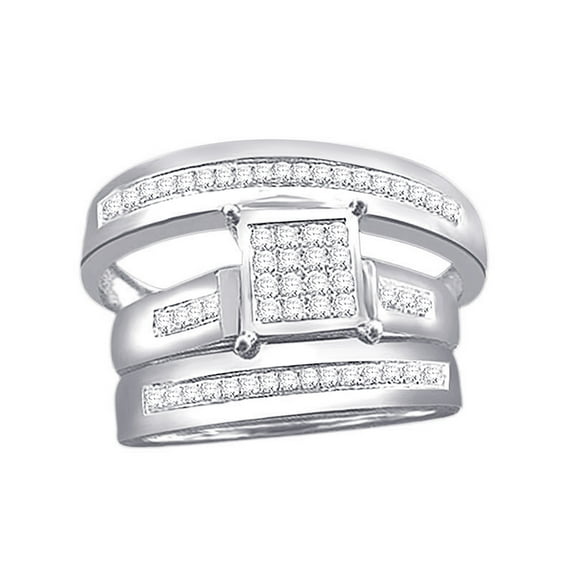 AFFY White Natural Diamond Engagement & Wedding Trio Band Ring Set In 10k White Gold (0.33 Cttw)