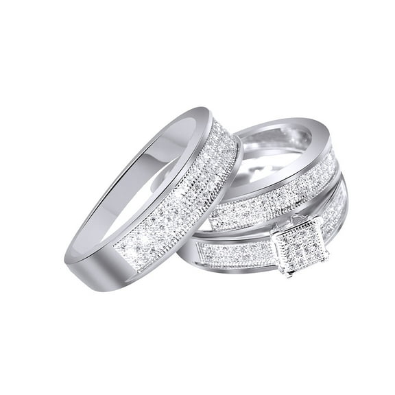 AFFY White Natural Diamond Engagement & Wedding Trio Band Ring Set In 10k White Gold (0.38 Cttw)