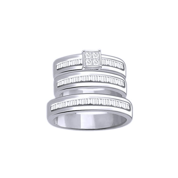 AFFY White Natural Diamond Engagement & Wedding Trio Band Ring Set In 10k White Gold (0.5 Cttw)
