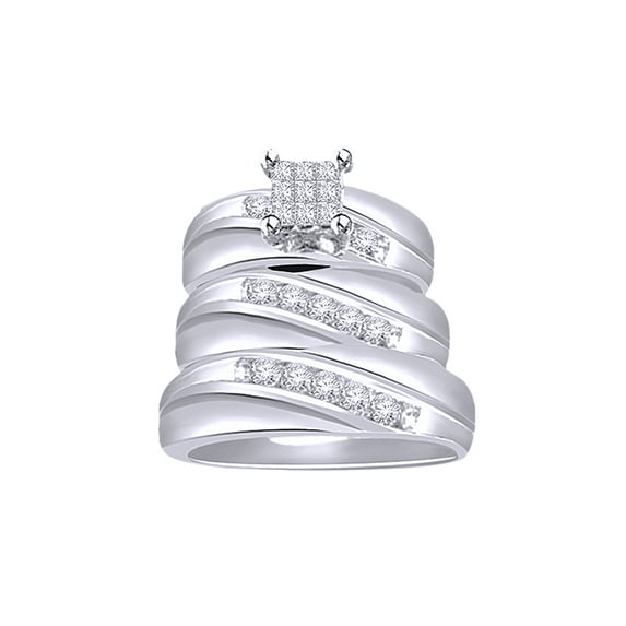 AFFY White Natural Diamond Engagement & Wedding Trio Band Ring Set In 10k White Gold (0.66 Cttw)