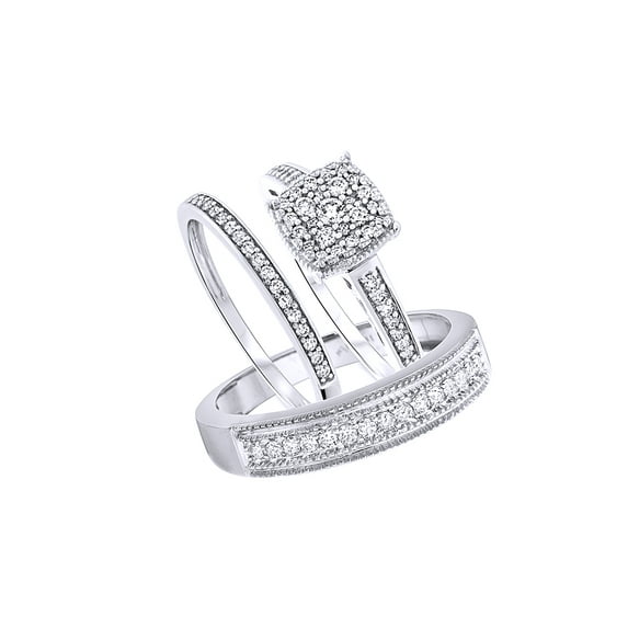 AFFY White Natural Diamond Engagement & Wedding Trio Band Ring Set In 10k White Gold (0.67 Cttw)