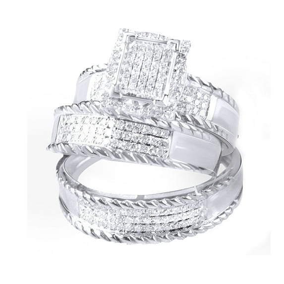 AFFY White Natural Diamond Engagement & Wedding Trio Band Ring Set In 10k White Gold (0.8 Cttw)