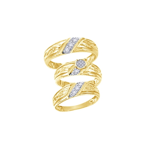 AFFY White Natural Diamond Engagement & Wedding Trio Band Ring Set In 10k Yellow Gold (0.15 Cttw)