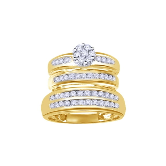 AFFY White Natural Diamond Engagement & Wedding Trio Band Ring Set In 10k Yellow Gold (0.25 Cttw)
