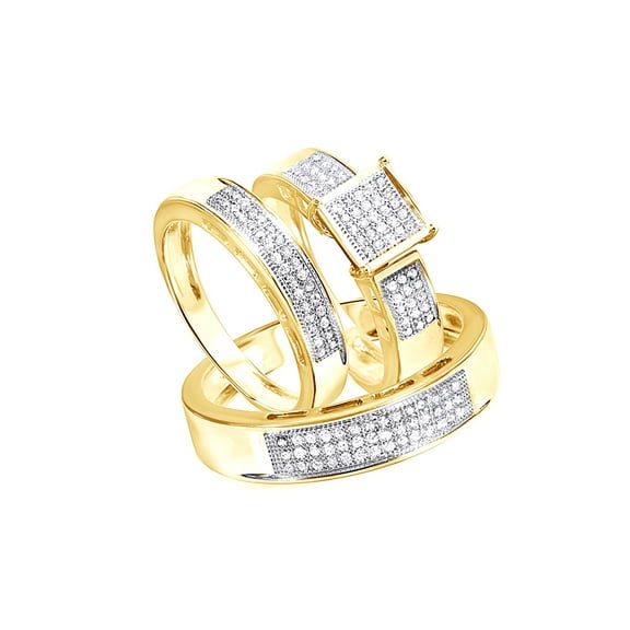 AFFY White Natural Diamond Engagement & Wedding Trio Band Ring Set In 10k Yellow Gold (0.375 Cttw)