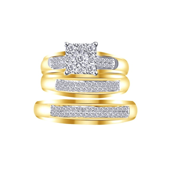 AFFY White Natural Diamond Engagement & Wedding Trio Band Ring Set In 10k Yellow Gold (0.4 Cttw)