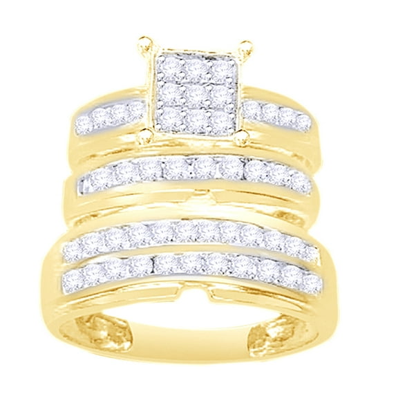 AFFY White Natural Diamond Engagement & Wedding Trio Band Ring Set In 10k Yellow Gold (1.33 Cttw)
