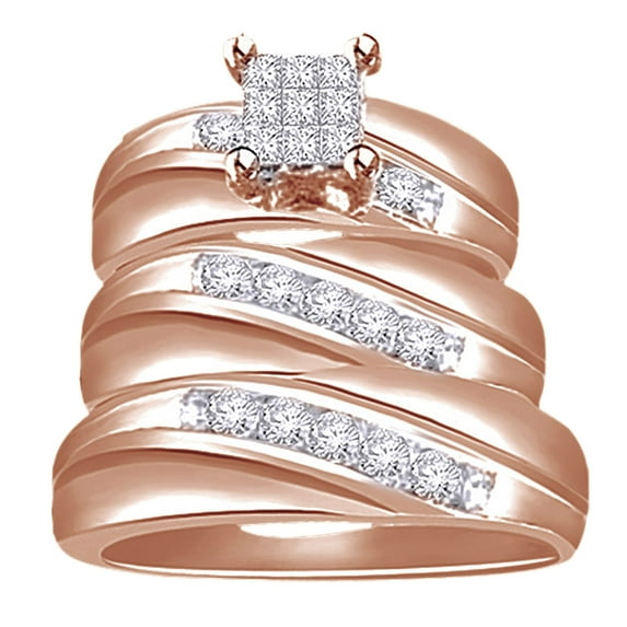 AFFY White Natural Diamond Engagement & Wedding Trio Band Ring Set In 14k Rose Gold Over Sterling Silver (0.67 Cttw)